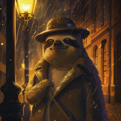 A sloth in a detective noir setting, under a streetlamp, solving the case of the missing nuts