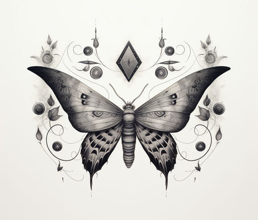 mysterious abstract butterfly drawing, black and gray style