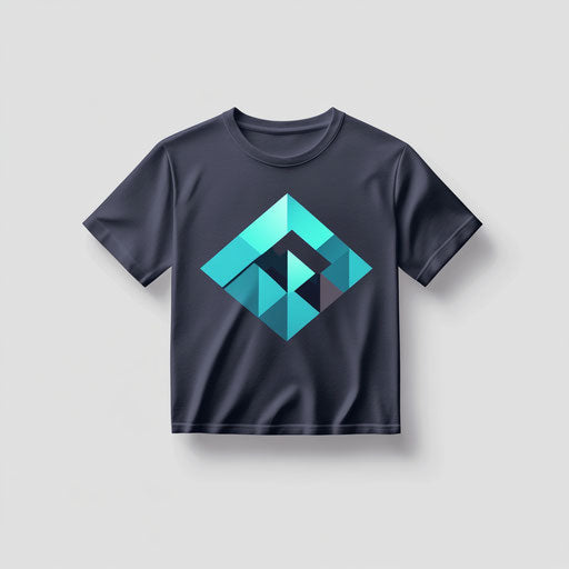Elegant t-shirt logo with a unique geometric t-shirt icon and sleek, professional typography, in a harmonious blue and teal color palette, isolated on a flat light gray background.