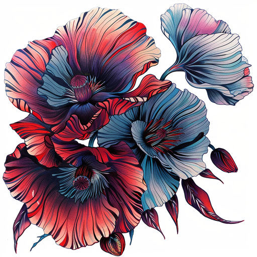 A dynamic cluster of poppy flowers in a tattoo design
