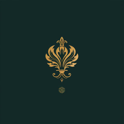 Brand logo design with a traditional serif font and a classic emblem, in dark green and gold