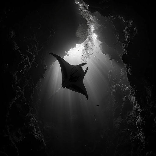 Manta ray silhouette in underwater cave