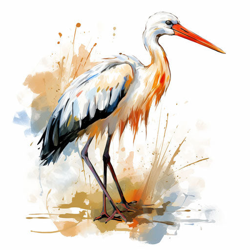 Stork clipart in the style of Impressionistic Art, on a white background