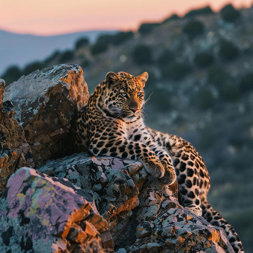 Amur leopard at sunrise on rocky plateau