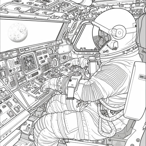 Astronaut inside space station, controls and equipment