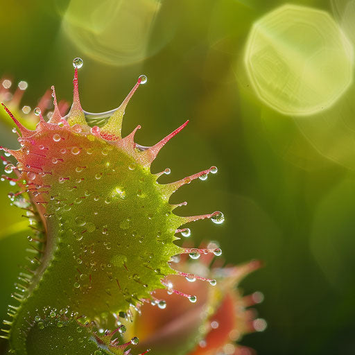 Venus flytrap in morning light, dew on its traps, green blur