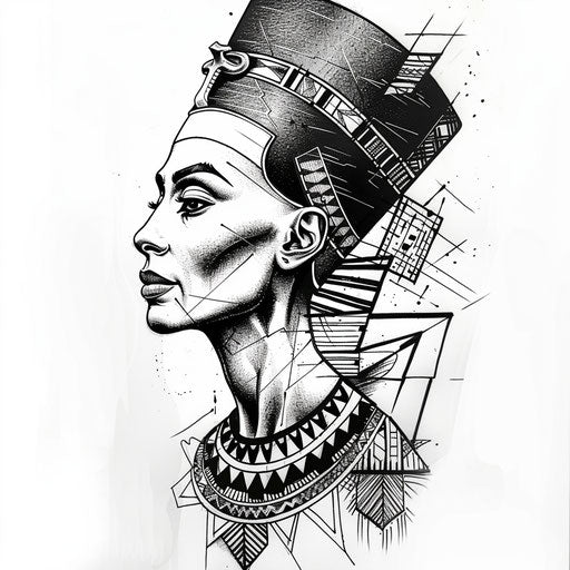Cultural flat tattoo sketch of Nefertiti with traditional African patterns