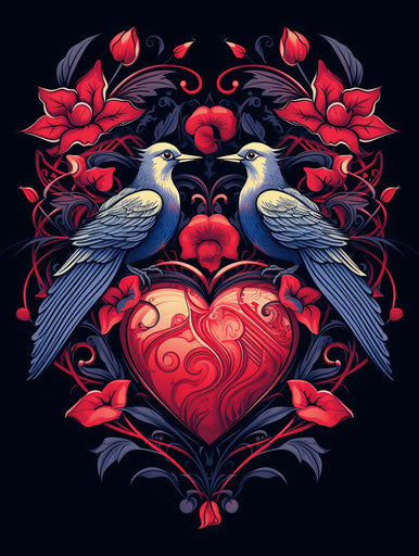 Birds and vegan heart, classic tattoo style
