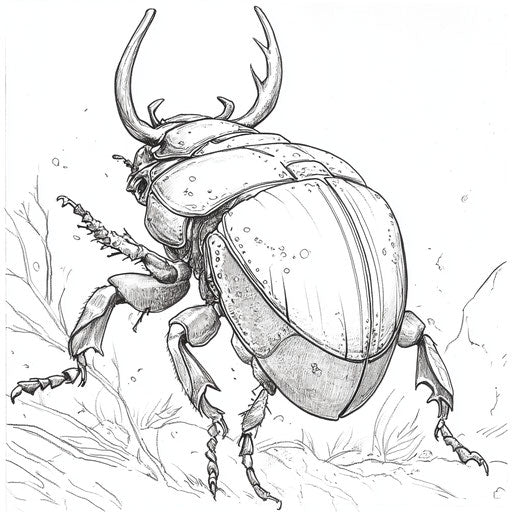 Heroic beetle with armor, in the style of Mark Schultz, Coloring book page