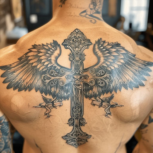 Ornate strength cross with angel wings: protection & guidance