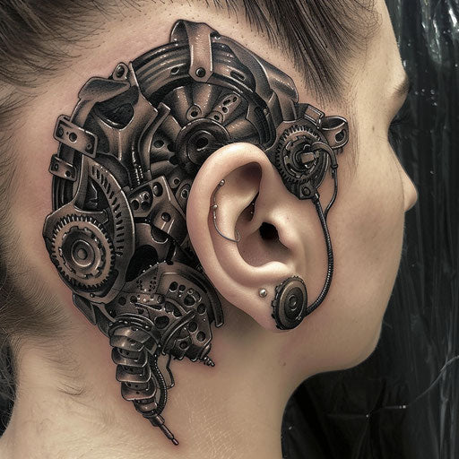 Ear tattoos inspired by Adrian Smith with steampunk elements