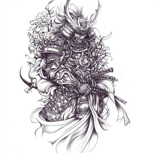 Japanese samurai tattoo sketch with intricate armor details