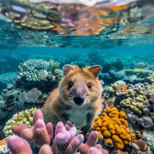 Curious quokka behind a colorful coral reef