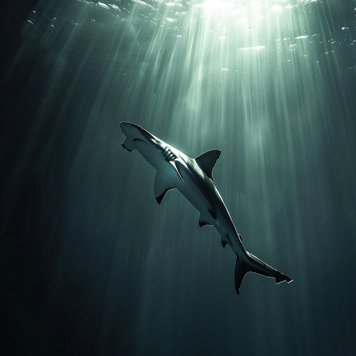 Hammerhead shark in a tranquil sea with rays of sunlight