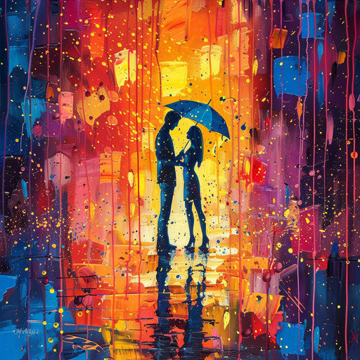 Colorful Rain: Couple sharing umbrella in city street