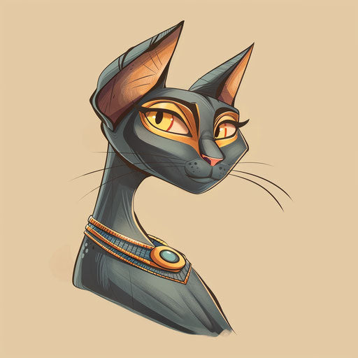 Charming flat tattoo sketch of a cartoon Bastet with oversized, playful features