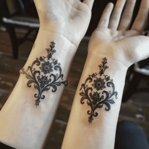 Mother and daughter tattoos of gothic floral patterns