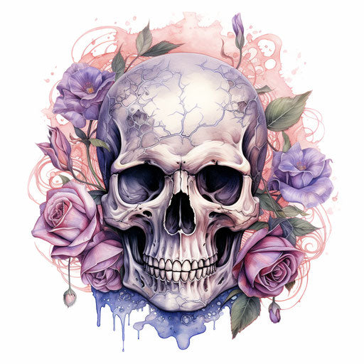 Skull with roses and eyes, botanical watercolor style
