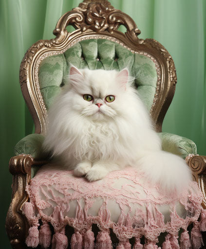 White Persian cat on white wooden chair, light pink and light green style, exaggerated facial features