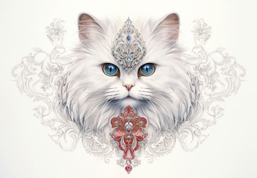 White cat on white background, light silver and dark maroon style