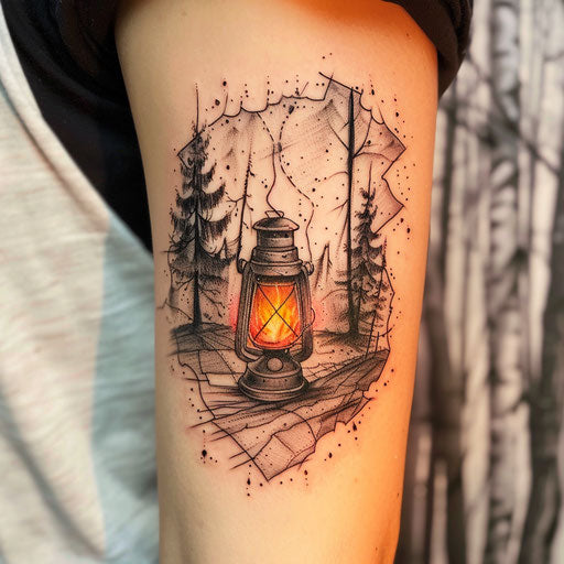 Adventure-themed fire tattoo, lantern lighting dark forest path