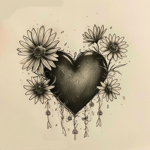 Charming flat tattoo sketch of a black heart with dainty daisies