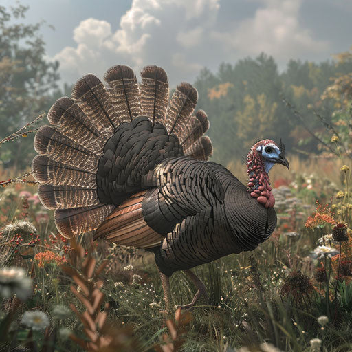 Wild turkey displaying feathers in a field