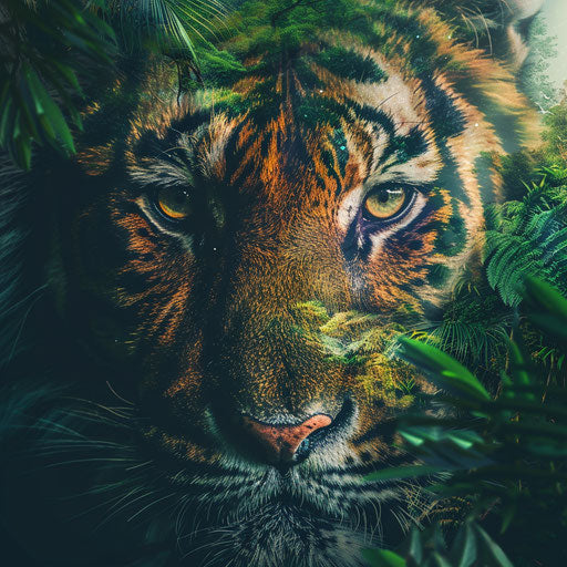 Tiger's face merging with the jungle