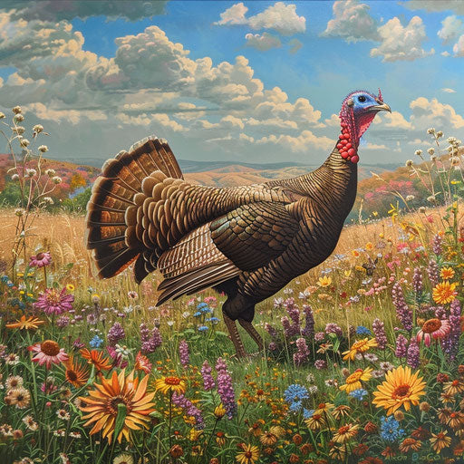 Wild turkey among blooming wildflowers