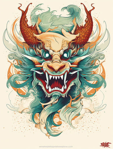 Dragon head tattoo in Burmese art style