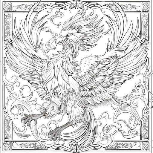 The majestic phoenix rising from its ashes with elaborate feathers. Coloring book page