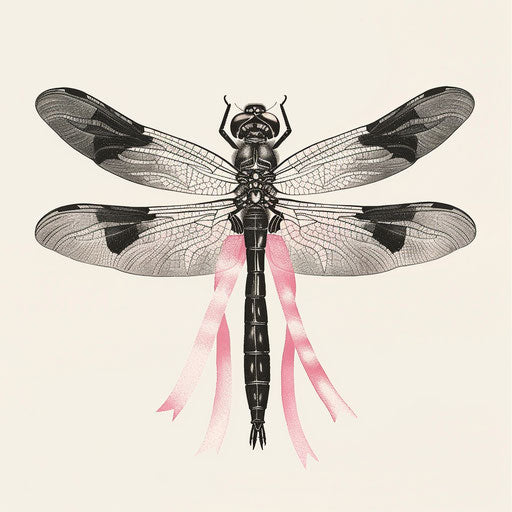 Dragonfly with pink ribbon wings tattoo on white background