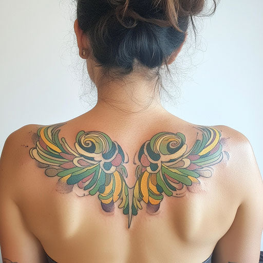 Wings tattoo on back with modern abstract wings