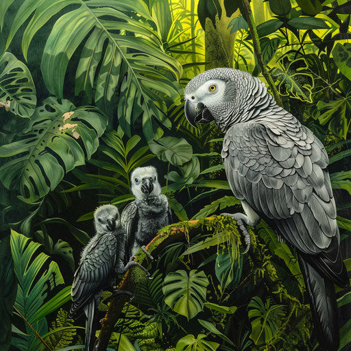 An African grey parrot guiding its chick through a dense green jungle, teaching it to navigate the complex ecosystem.