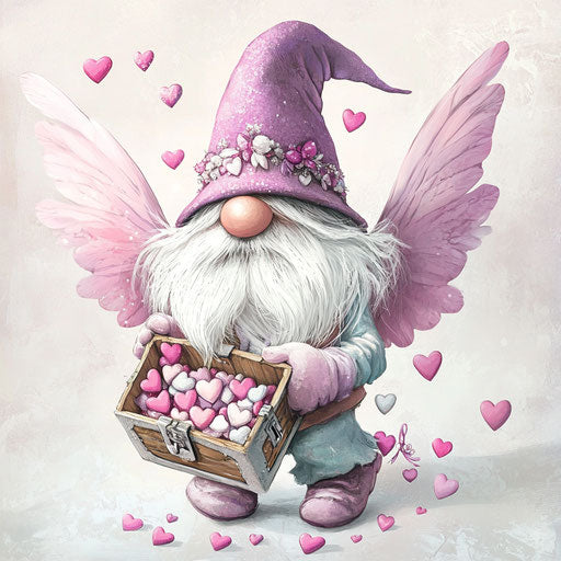 Valentine's Day gnome with wings and candy treasure