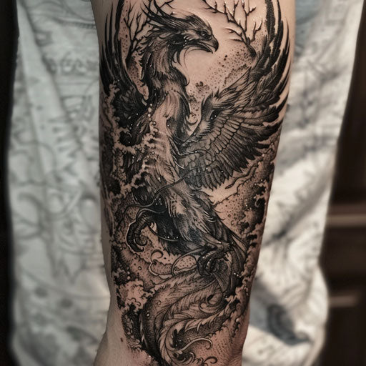 Mythological phoenix rising from the ashes in J.P. Targete's style