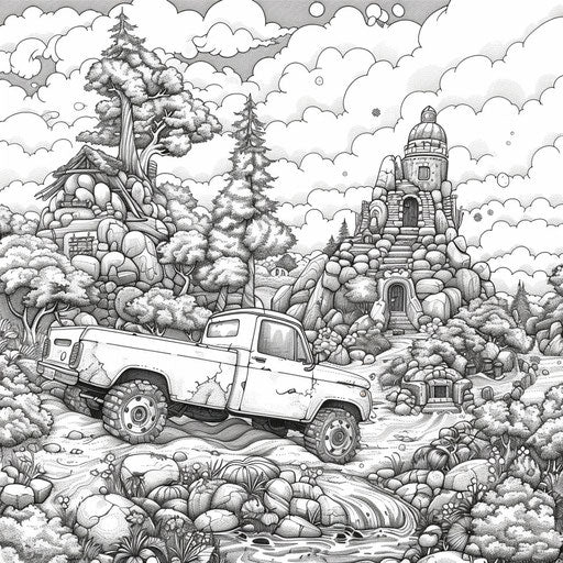 Magical truck journey through a fantasy landscape