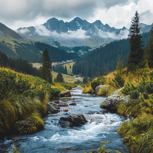 The Carpathian Mountains with a river flowing in the foreground, in the style of Chris Burkard