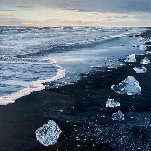 Diamond Beach, Iceland at sunrise with glittering icebergs on the black sand