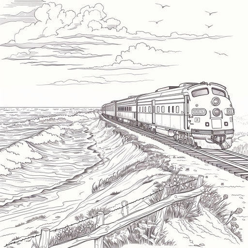 Train along coastline with crashing waves - Coloring book page