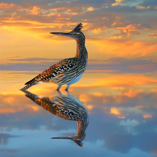 Roadrunner bird near reflection on water surface at dawn
