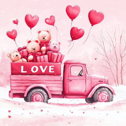 Pink truck filled with love in a pink snowy landscape