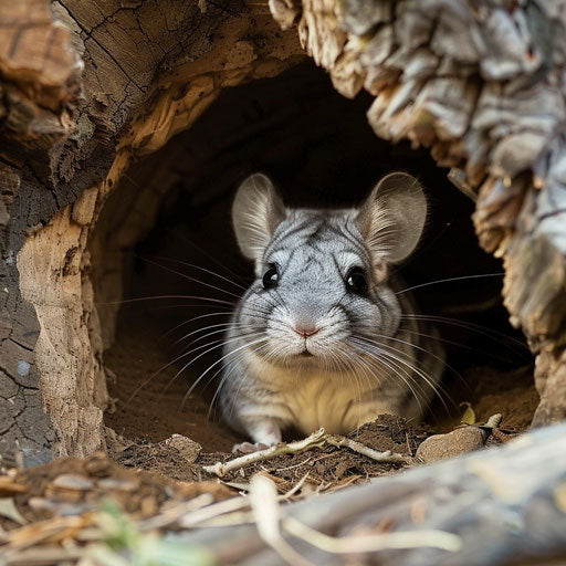A chinchilla peeking out from a cozy burrow