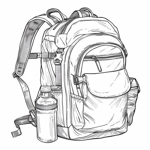 Backpack with water bottle, coloring book page