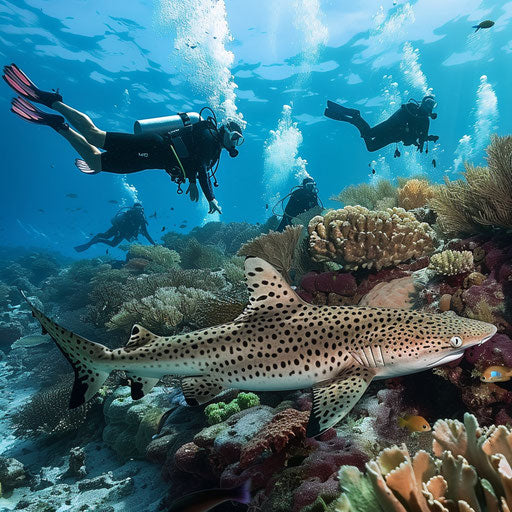 Striped shark swimming by amazed divers near a coral reef