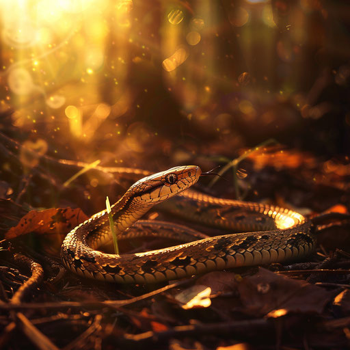 Garter snake in the golden light of a forest evening