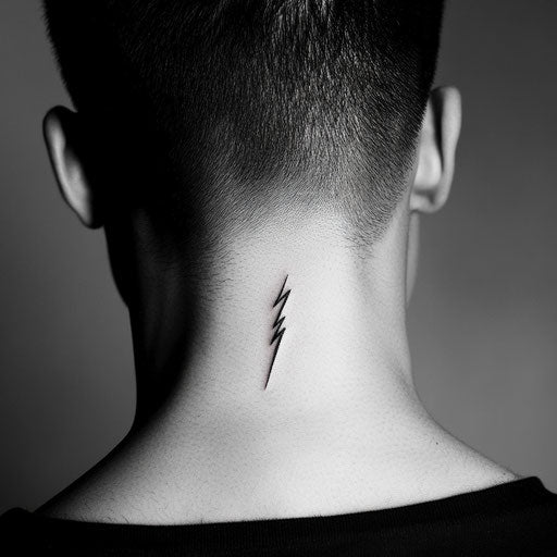 Small neck tattoo for men with a bold lightning bolt