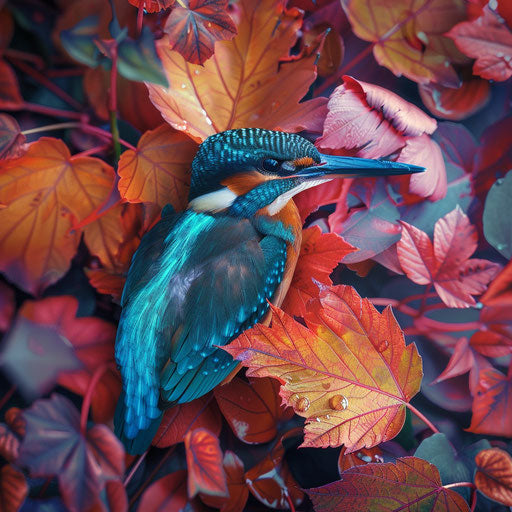 Kingfisher bird surrounded by colorful autumn leaves