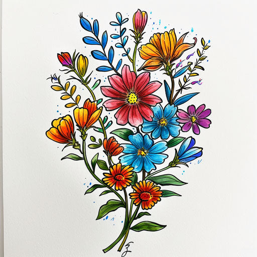 Whimsical drawing of a small wildflower tattoo, in bright hues, on a white base
