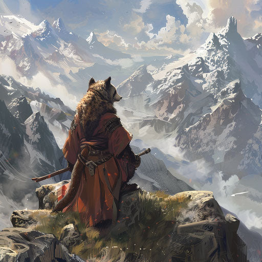 Tanuki in front of rugged mountains, expansive and majestic, in the style of Marsel van Oosten